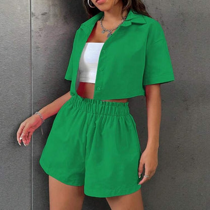 Women's Cropped Button-Down Shirt & Shorts Set