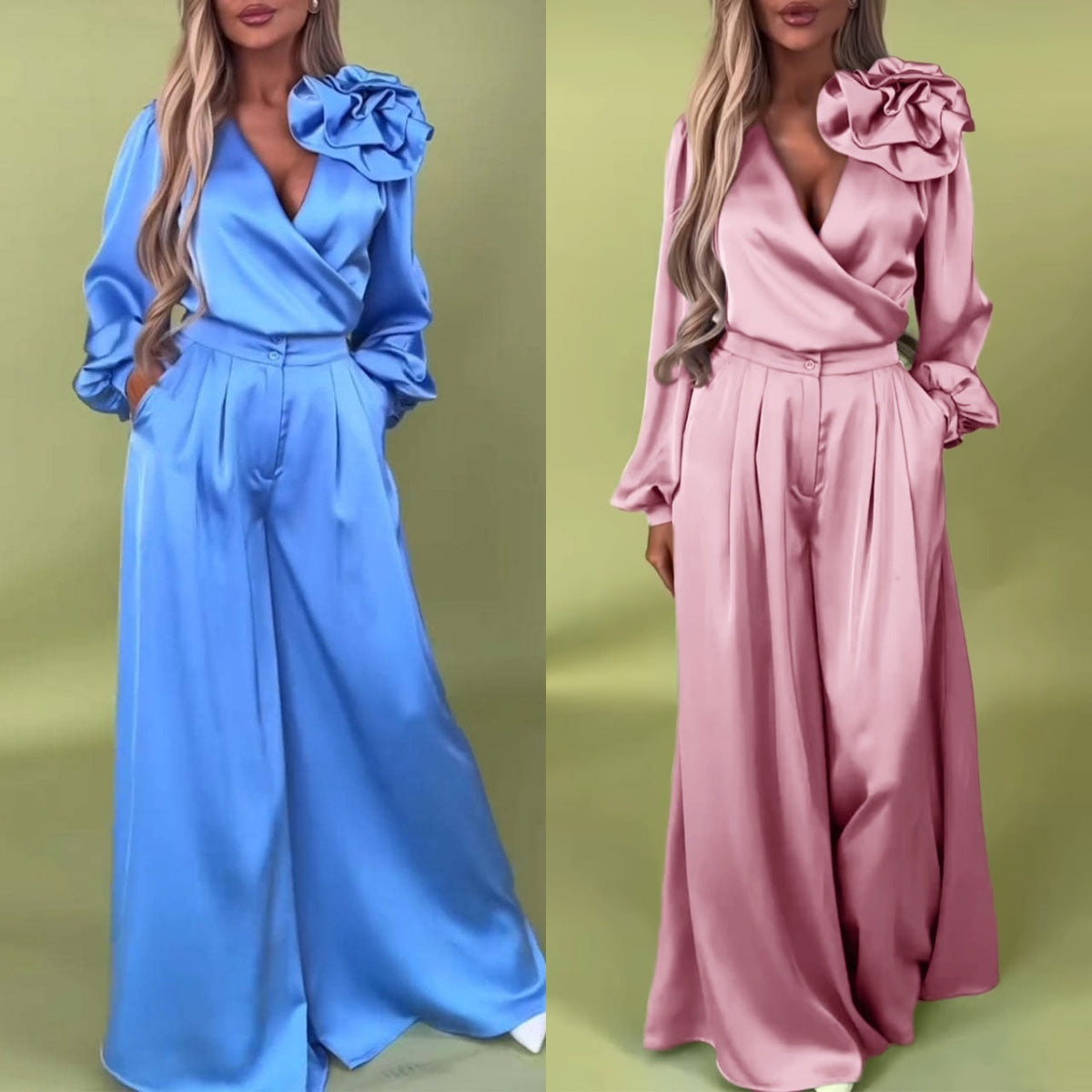 Women's V-Neck Top & Wide-Leg Pants 2-Piece Set