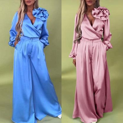 Women's V-Neck Top & Wide-Leg Pants 2-Piece Set