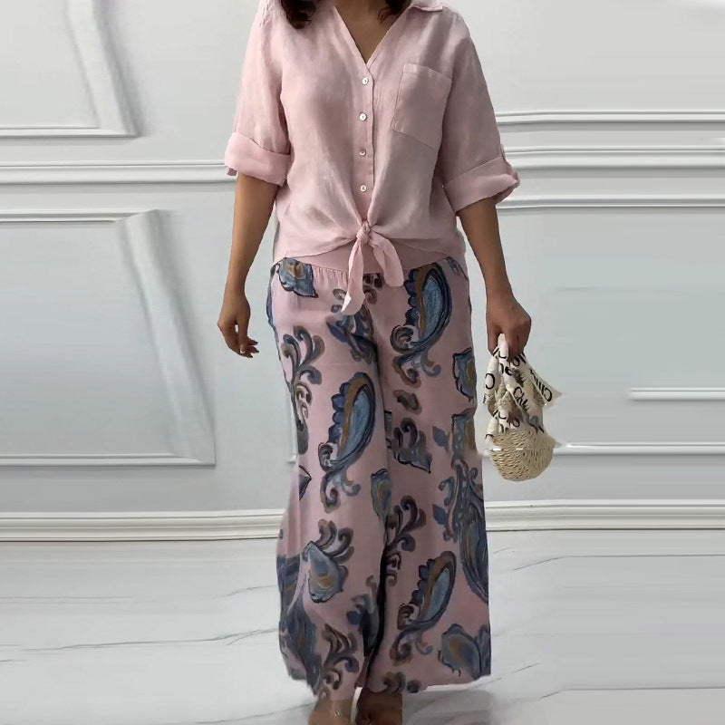 Women's Fashion Loose Cardigan Shirt & High Waist Pants Two Piece Set