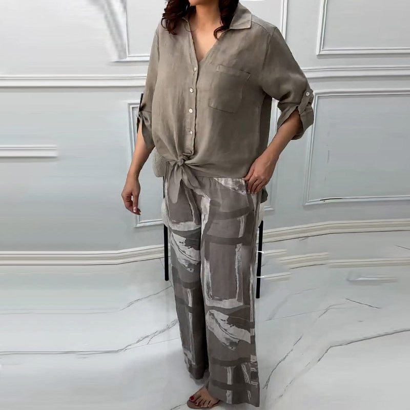 Women's Fashion Loose Cardigan Shirt & High Waist Pants Two Piece Set