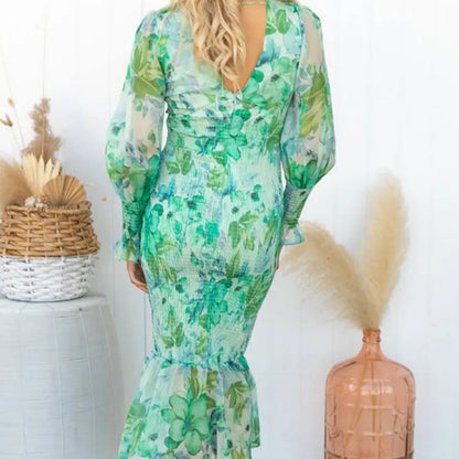 Women's Elegant Long Sleeve V-Neck Printed Ruffle Dresses