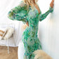 Women's Elegant Long Sleeve V-Neck Printed Ruffle Dresses