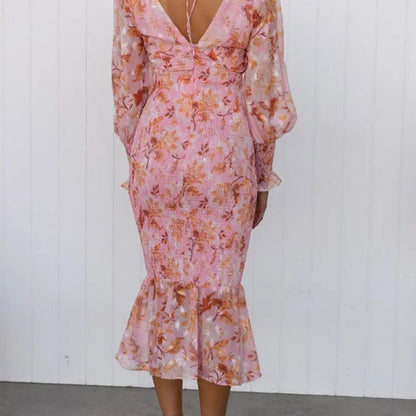 Women's Elegant Long Sleeve V-Neck Printed Ruffle Dresses