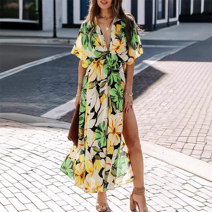 Summer Floral Printed Sexy Deep V-Neck High-Waist Split Dress for Women