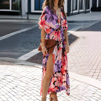 Summer Floral Printed Sexy Deep V-Neck High-Waist Split Dress for Women