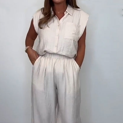 Sleeveless Shirt + Wide Leg Pants Set
