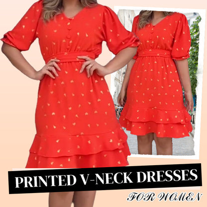 Women's Printed V-Neck Short Sleeve Button Waist Dresses