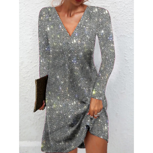 Graceful V-Neck Long Sleeve Glitter Sequin Dress