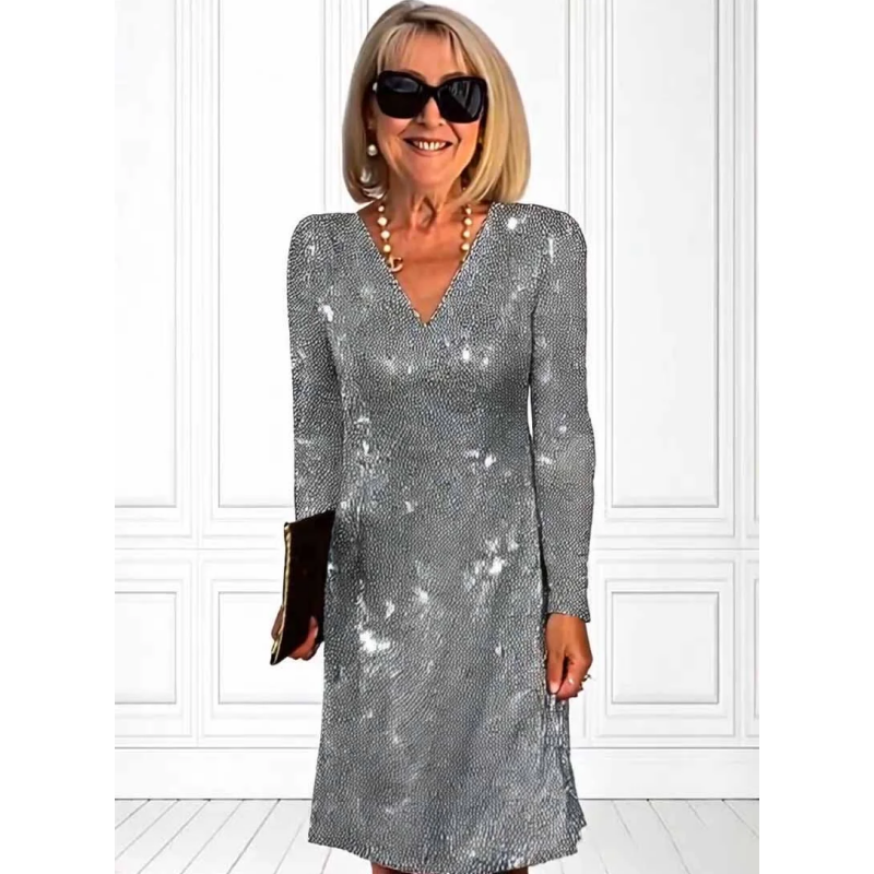 Graceful V-Neck Long Sleeve Glitter Sequin Dress