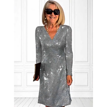 Graceful V-Neck Long Sleeve Glitter Sequin Dress