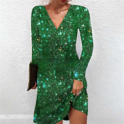 Graceful V-Neck Long Sleeve Glitter Sequin Dress