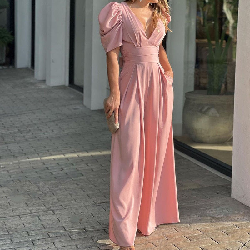 Women’s Deep V-Neck Wide Leg Jumpsuits