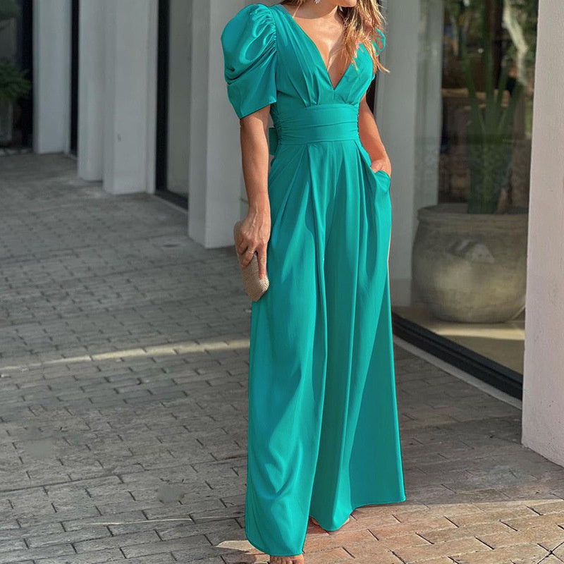 Women’s Deep V-Neck Wide Leg Jumpsuits