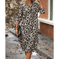 Women's Leopard Button Front Rolled Sleeve Midi Dresses