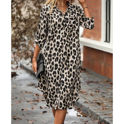Women's Leopard Button Front Rolled Sleeve Midi Dresses