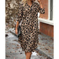 Women's Leopard Button Front Rolled Sleeve Midi Dresses
