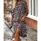 Women's Leopard Button Front Rolled Sleeve Midi Dresses