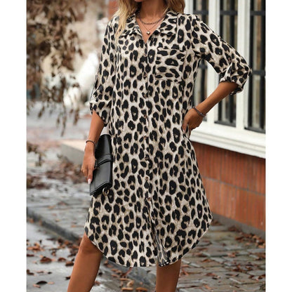 Women's Leopard Button Front Rolled Sleeve Midi Dresses