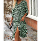 Women's Leopard Button Front Rolled Sleeve Midi Dresses
