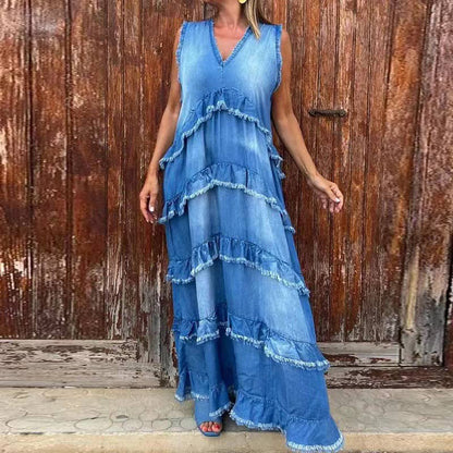 Fashion V-Neck Sleeveless Layered Ruffled Dress