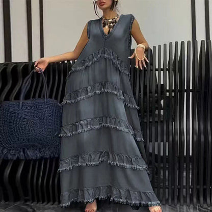 Fashion V-Neck Sleeveless Layered Ruffled Dress