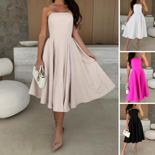 🔥Elegant Solid 😍Color Strapless Midi Dress