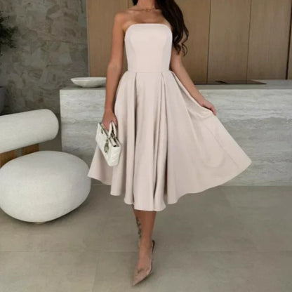 🔥Elegant Solid 😍Color Strapless Midi Dress