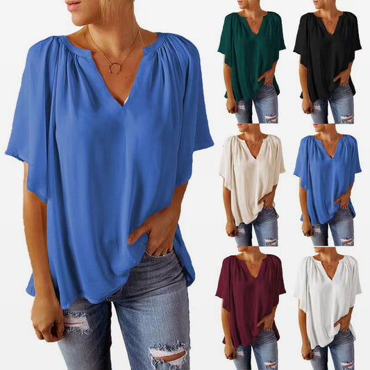 Women's Solid Color Summer Top with Batwing Sleeves and V-Neck