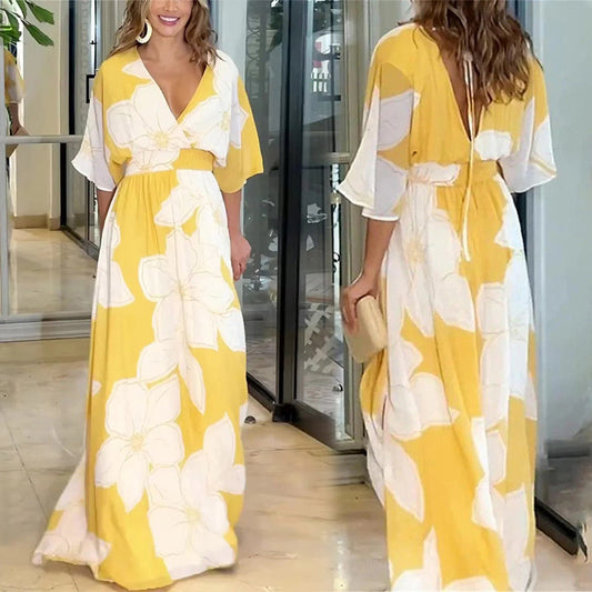 Women's Printed Backless Loose Flowing Beach Dress