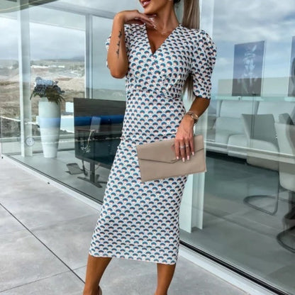 Women's Fashion Printed Bubble Sleeve V-Neck Short Sleeve Waist Dresses