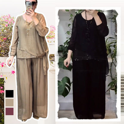 Women’s 2-Piece Sequin Blouse & Wide Leg Pants Set