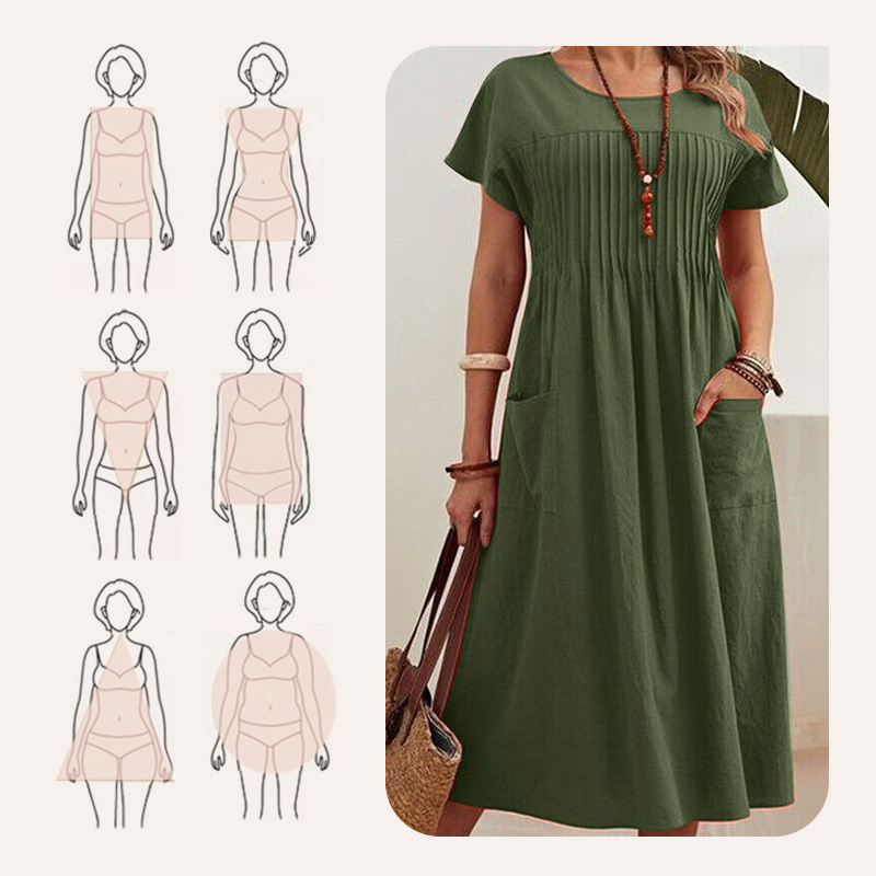 🌸 50% OFF NOW! 👗 Women’s Pleated Short-Sleeve Dress with Pockets – Soft Cotton-Linen Blend ☀️👜