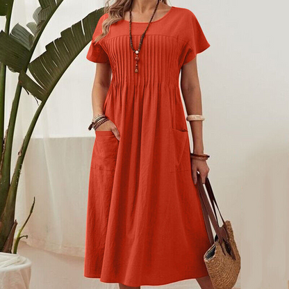 🌸 50% OFF NOW! 👗 Women’s Pleated Short-Sleeve Dress with Pockets – Soft Cotton-Linen Blend ☀️👜