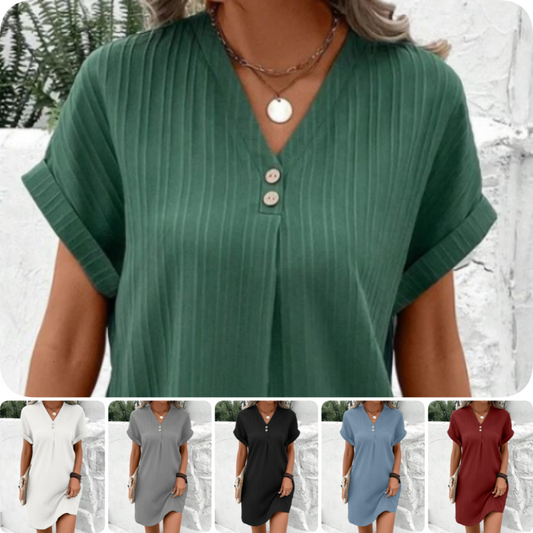 🌷Summer Hot Sale 50% Off🍃Simple Solid Color V-Neck Short Sleeve Dress for Women
