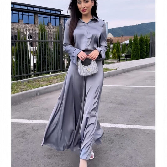 Women's Elegant Glossy Solid Gray 2-Piece Set - Lapel Long Sleeve Shirt & Flowy A-Line Skirt