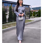 Women's Elegant Glossy Solid Gray 2-Piece Set - Lapel Long Sleeve Shirt & Flowy A-Line Skirt
