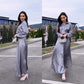 Women's Elegant Glossy Solid Gray 2-Piece Set - Lapel Long Sleeve Shirt & Flowy A-Line Skirt