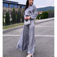 Women's Elegant Glossy Solid Gray 2-Piece Set - Lapel Long Sleeve Shirt & Flowy A-Line Skirt