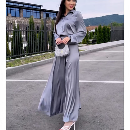 Women's Elegant Glossy Solid Gray 2-Piece Set - Lapel Long Sleeve Shirt & Flowy A-Line Skirt