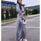 Women's Elegant Glossy Solid Gray 2-Piece Set - Lapel Long Sleeve Shirt & Flowy A-Line Skirt