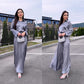 Women's Elegant Glossy Solid Gray 2-Piece Set - Lapel Long Sleeve Shirt & Flowy A-Line Skirt