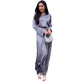 Women's Elegant Glossy Solid Gray 2-Piece Set - Lapel Long Sleeve Shirt & Flowy A-Line Skirt
