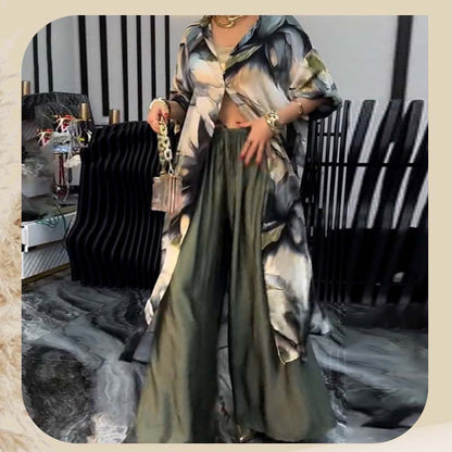 Women's Two-Piece Long Top and Wide Leg Pants Set