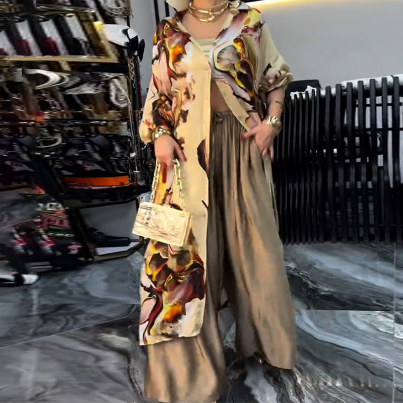 Women's Two-Piece Long Top and Wide Leg Pants Set