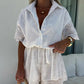 Chic Embroidered Lace Flowers Button Up Belted Shirt Romper