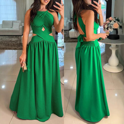 Women's Sexy Waisted Cross Strap Backless Halter Long Dresses