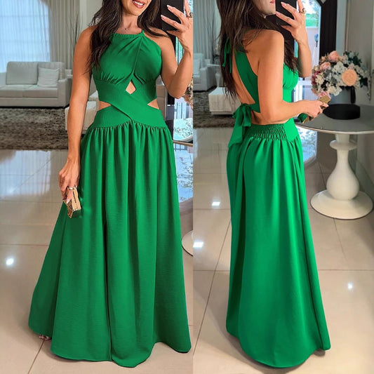 Women's Sexy Waisted Cross Strap Backless Halter Long Dresses