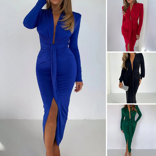 Women's Sexy Long Sleeve Waist Slimming Solid Color Dresses