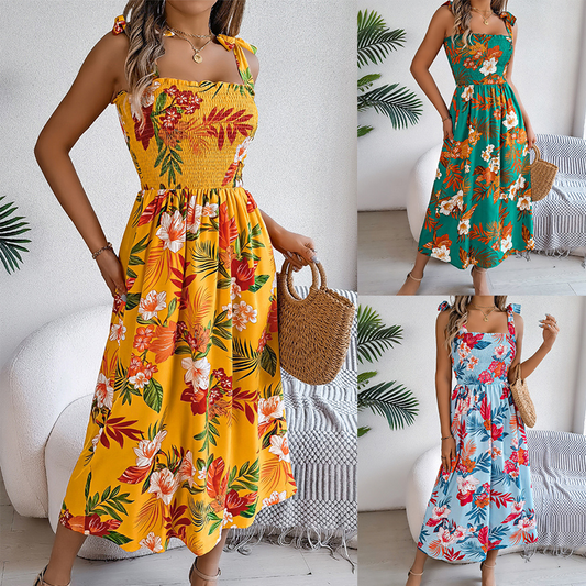 Women’s Elegant Floral Print Smocked Dress